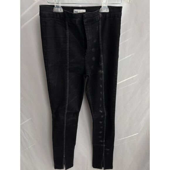 ZARA Split Skinny High Waisted Jeans Black Contrast Stitch Split Hem Size 8 - Picture 1 of 9
